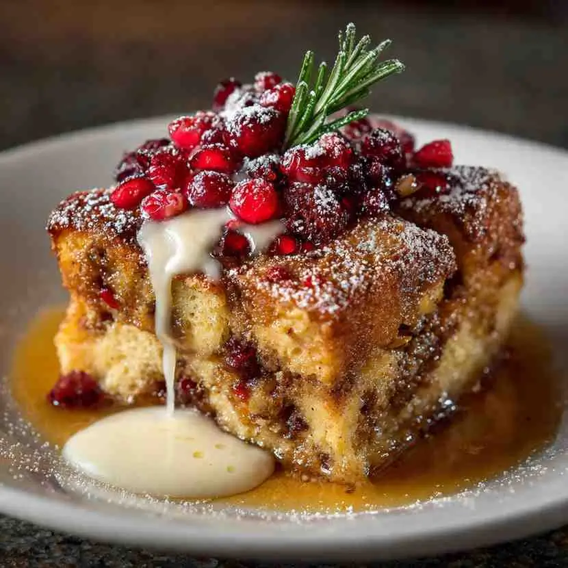 A thick slice of cranberry bread pudding drizzled with warm vanilla sauce and topped with sugared berries and rosemary.