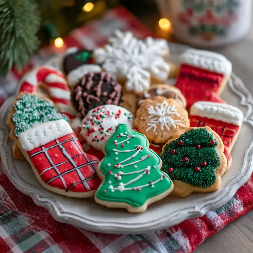 A plate filled with assorted holiday cookies including Christmas trees, snowflakes, stockings, and festive decorated shapes.