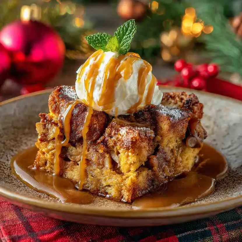 Golden bread pudding square topped with vanilla ice cream, caramel drizzle, and a mint leaf, set on a holiday-themed plate.