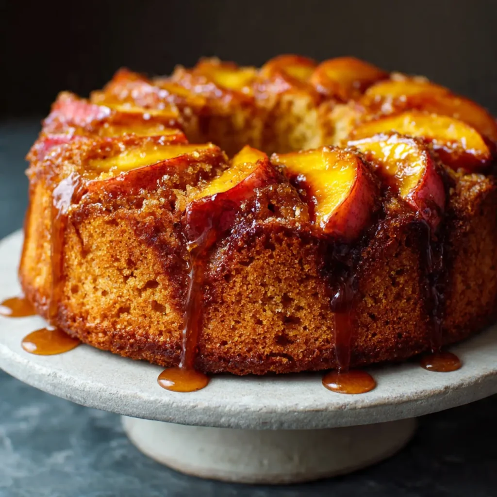 Whole peach and brown sugar cake topped with caramelized peach slices and dripping brown sugar glaze on a cake stand.