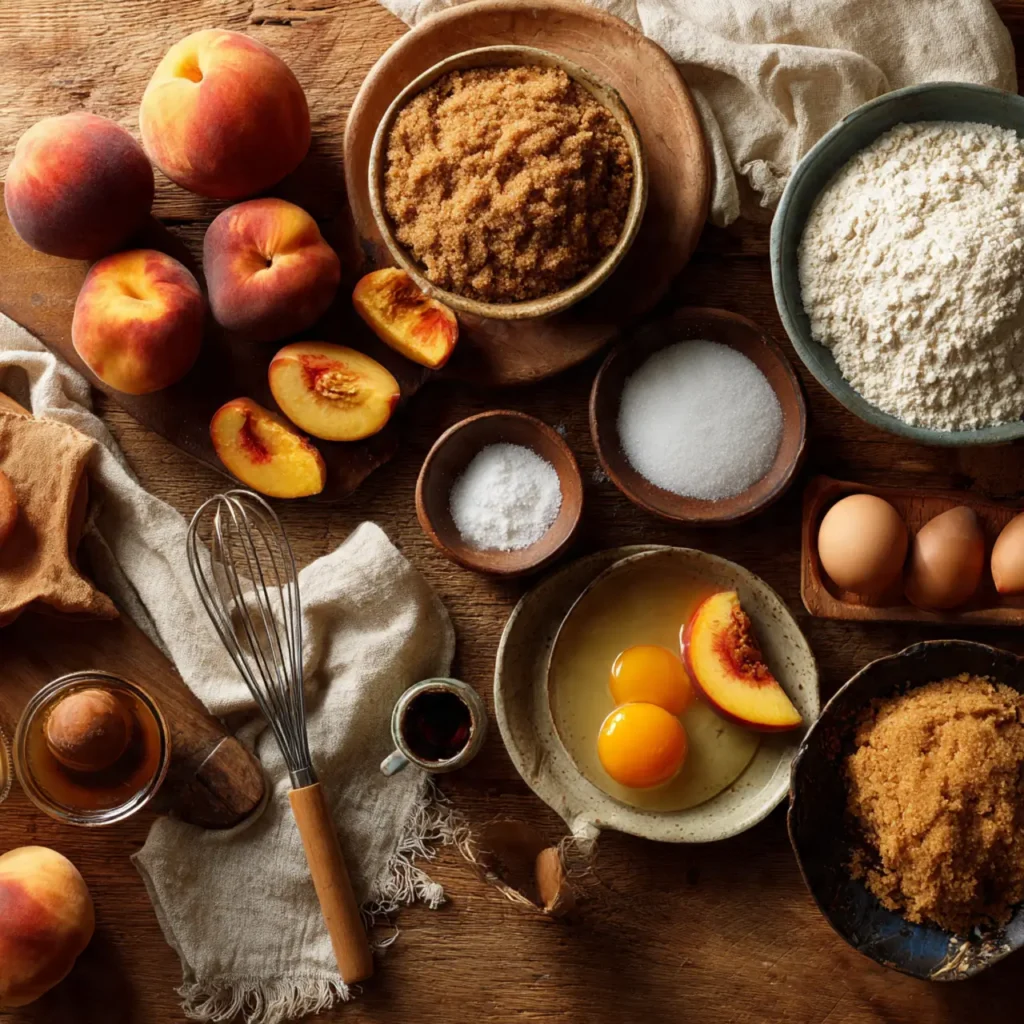 Flat-lay of ingredients for peach and brown sugar cake, including fresh peaches, brown sugar, flour, eggs, vanilla, and baking essentials on a rustic wooden table.
