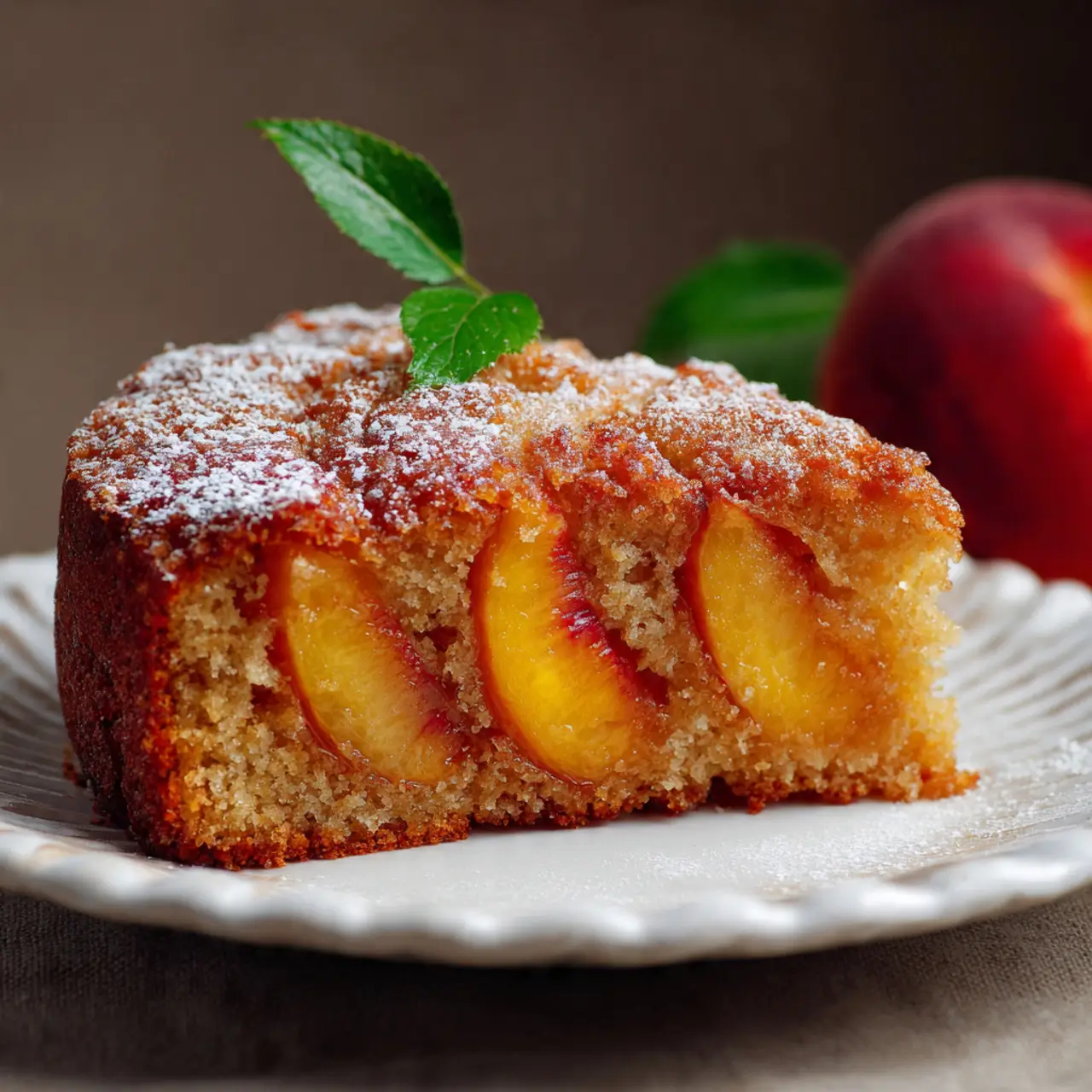 Slice of peach and brown sugar cake showing baked peach slices inside and dusted with powdered sugar on a plate.