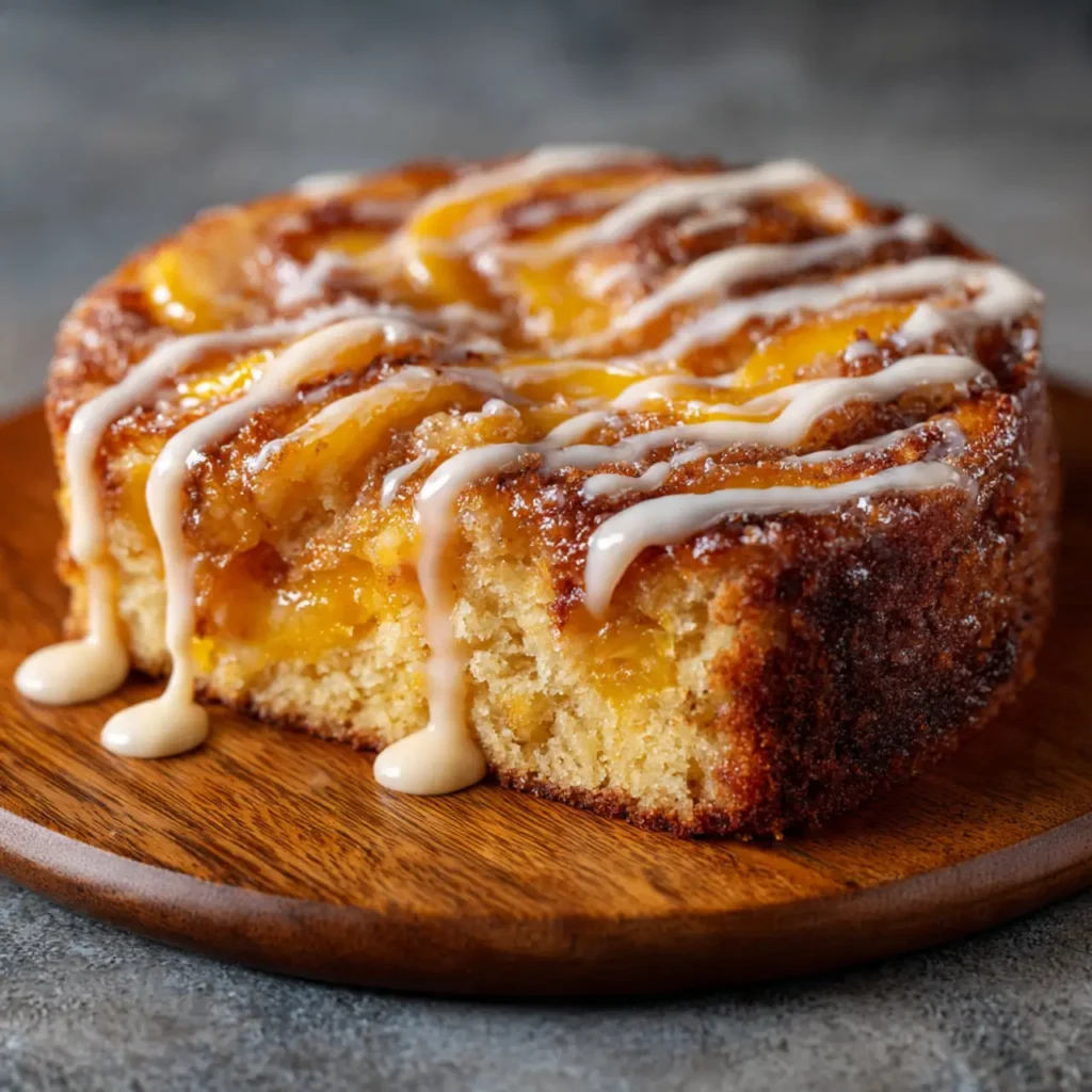Peach cinnamon swirl cake drizzled with vanilla glaze, showing a moist crumb and baked peach topping.