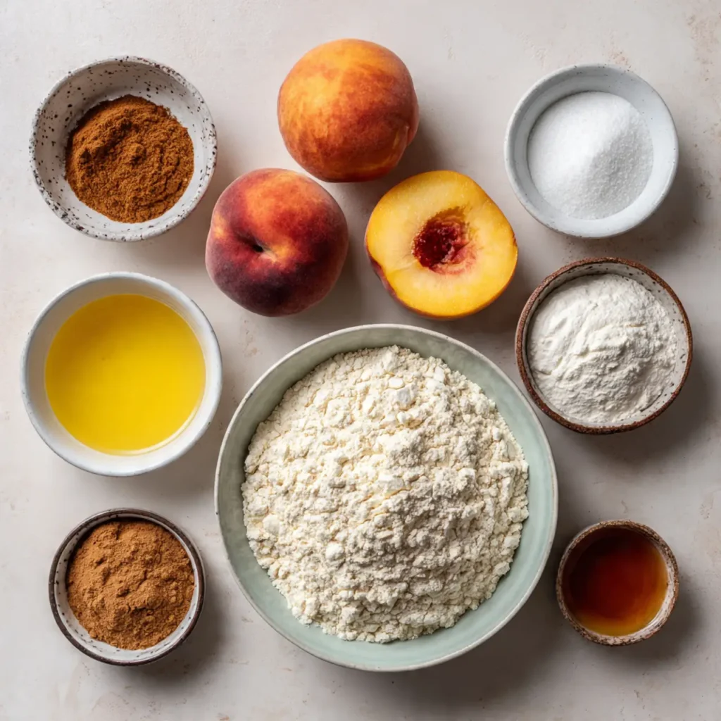 Flat lay of peach cinnamon swirl cake ingredients including fresh peaches, flour, sugar, cinnamon, butter, and vanilla on a light surface.
