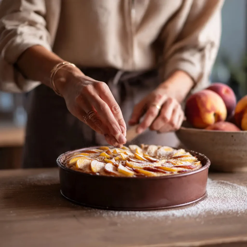 Hands arranging sliced peaches on cake batter in a round pan before baking a peach cinnamon swirl cake.