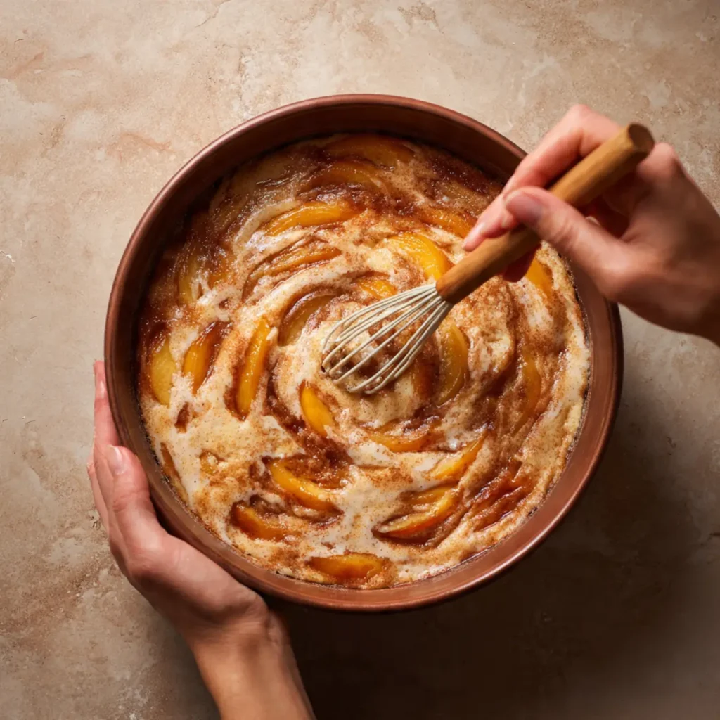 Top view of peach cinnamon swirl cake batter being swirled with cinnamon sugar and sliced peaches in a round pan.