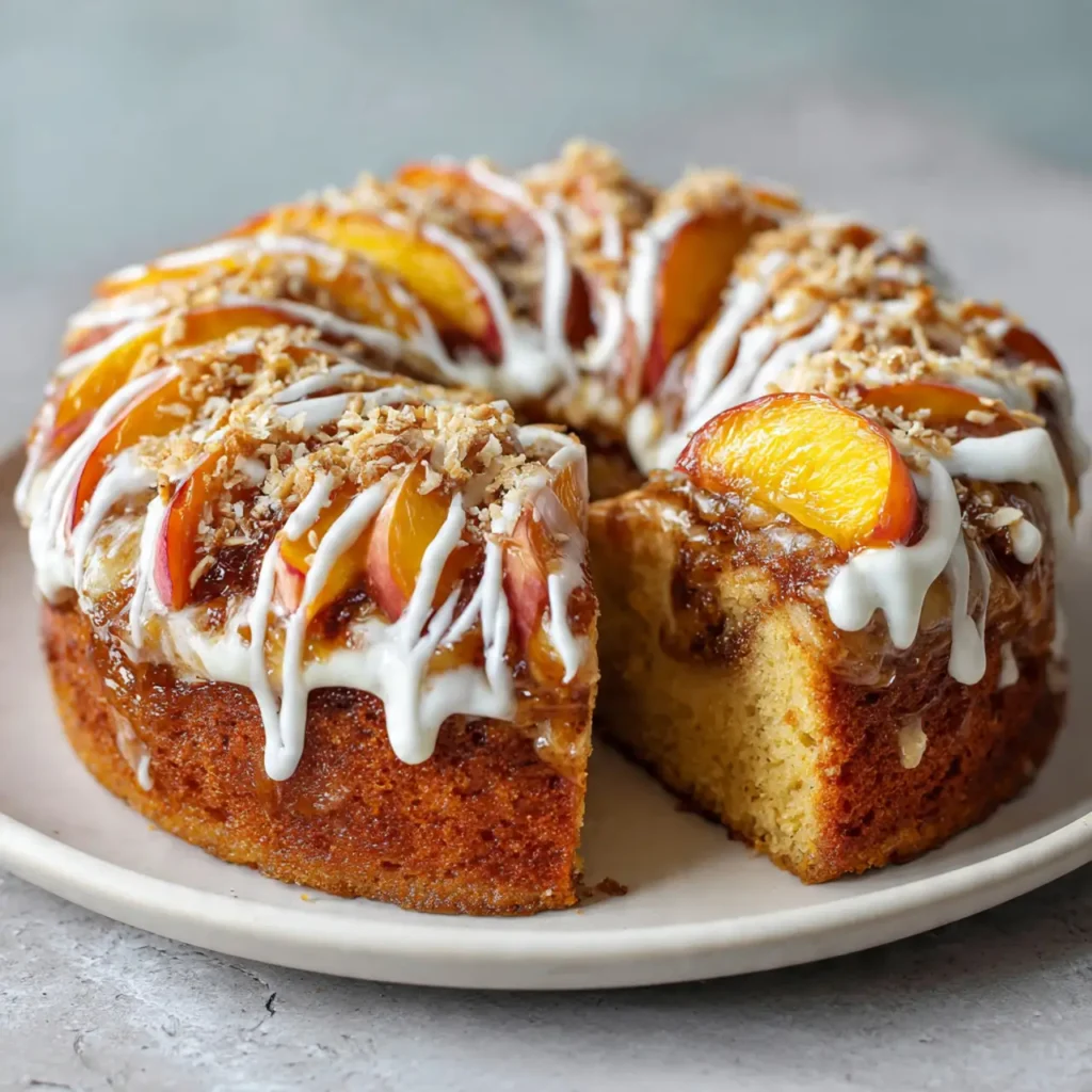 Peach cinnamon swirl cake sliced on a plate, topped with glaze, fresh peaches, and crumb topping.