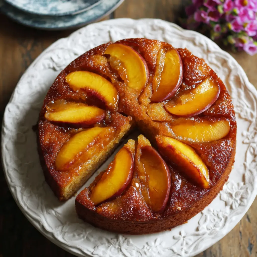 Round peach upside-down style cake with caramelized peach slices arranged on top, displayed on a decorative plate.