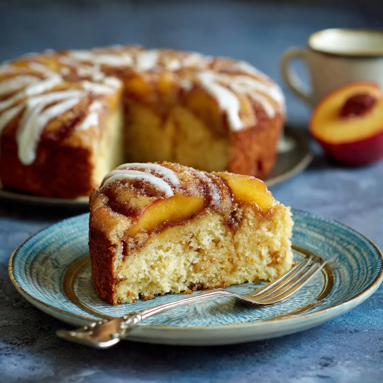 Slice of peach cinnamon swirl cake on a plate, showing moist crumb, peach pieces, and cinnamon swirl.