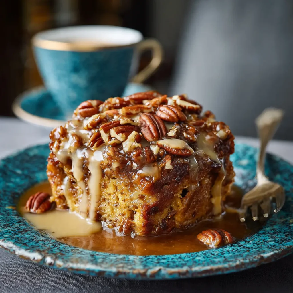 A slice of pecan praline bread pudding topped with caramel sauce and chopped pecans on a plate.