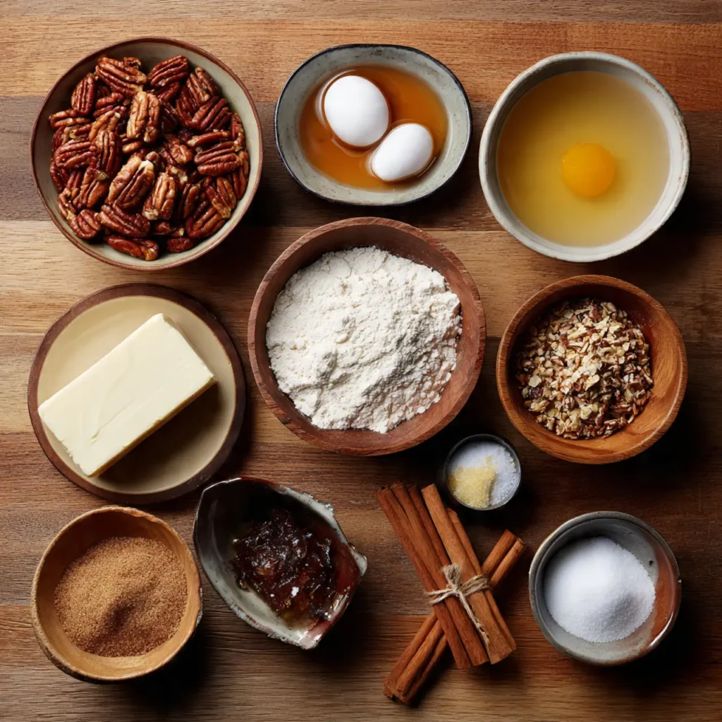 Ingredients for pecan praline bread pudding including pecans, eggs, butter, flour, cinnamon, sugar, and syrup arranged on a wooden surface.