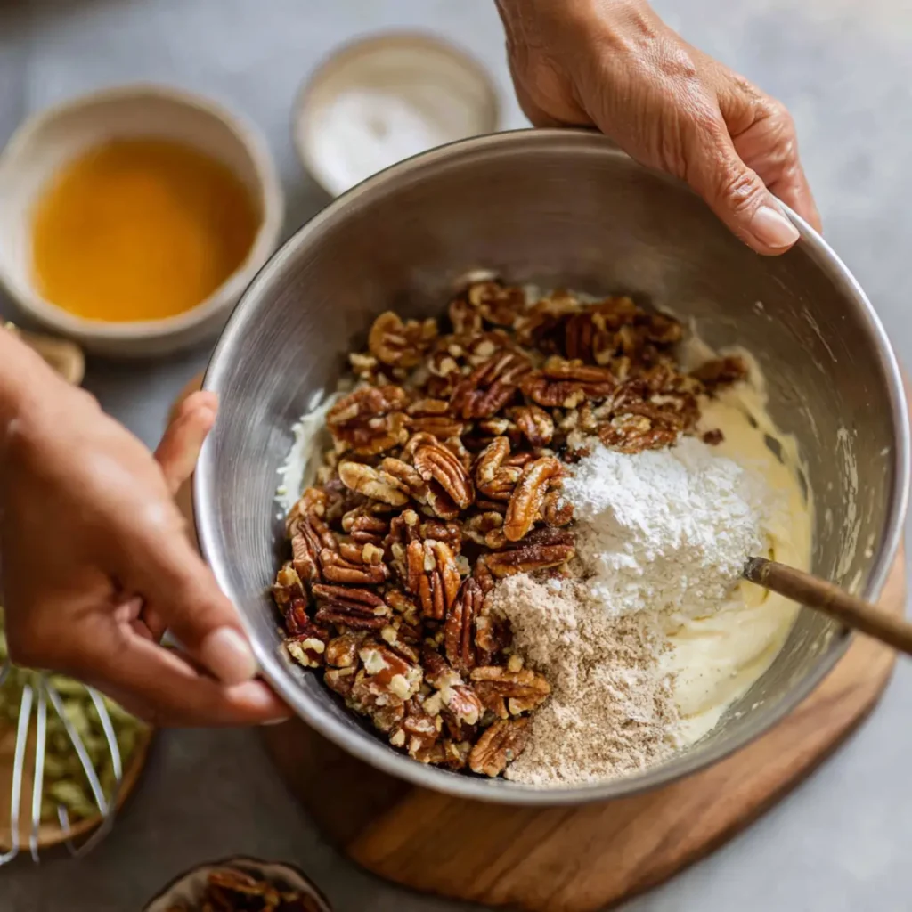 Hands mixing pecans and dry ingredients into bread pudding batter in a metal bowl.