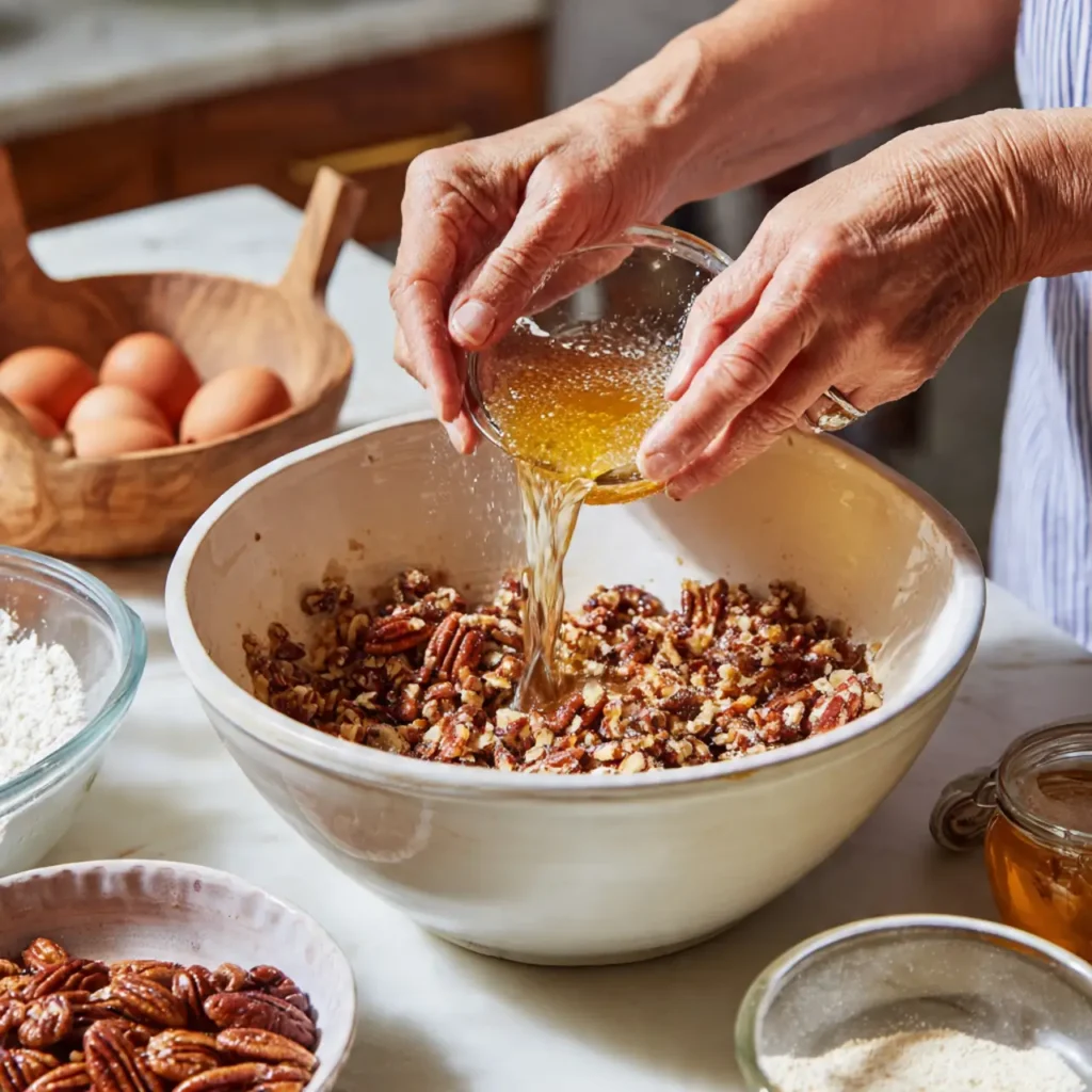 Praline sauce being poured over pecan bread pudding mixture in a baking bowl.