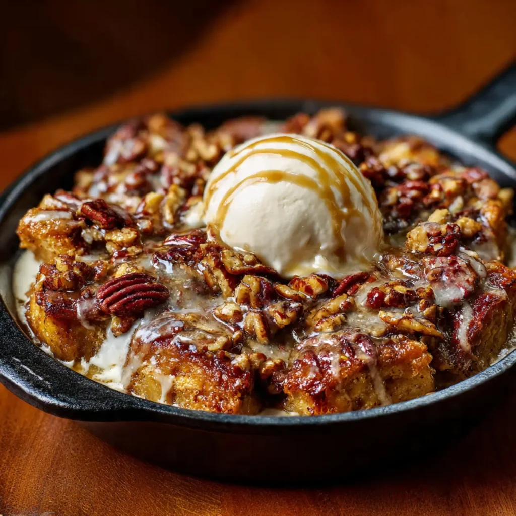 Pecan praline bread pudding in a skillet topped with vanilla ice cream and caramel sauce.