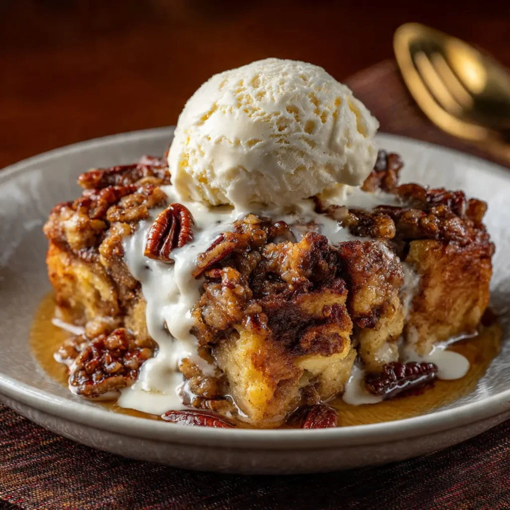 Pecan praline bread pudding topped with vanilla ice cream and praline sauce on a dessert plate.