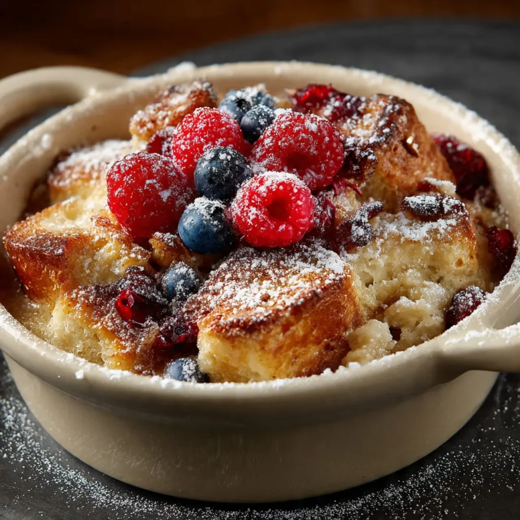 Brioche bread pudding topped with powdered sugar and assorted fresh berries including raspberries and blueberries.