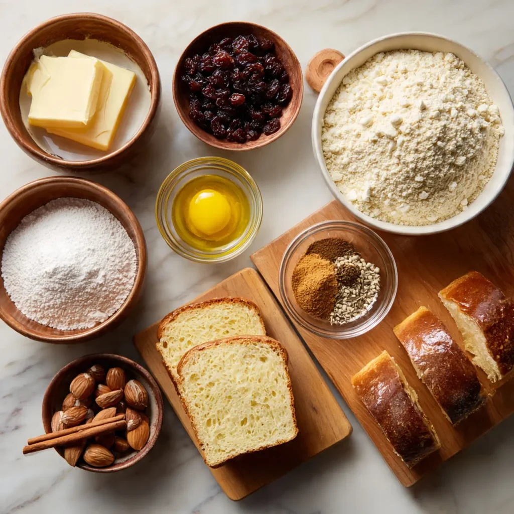 Overhead view of brioche bread pudding ingredients including brioche slices, eggs, butter, flour, spices, sugar, almonds, and raisins.