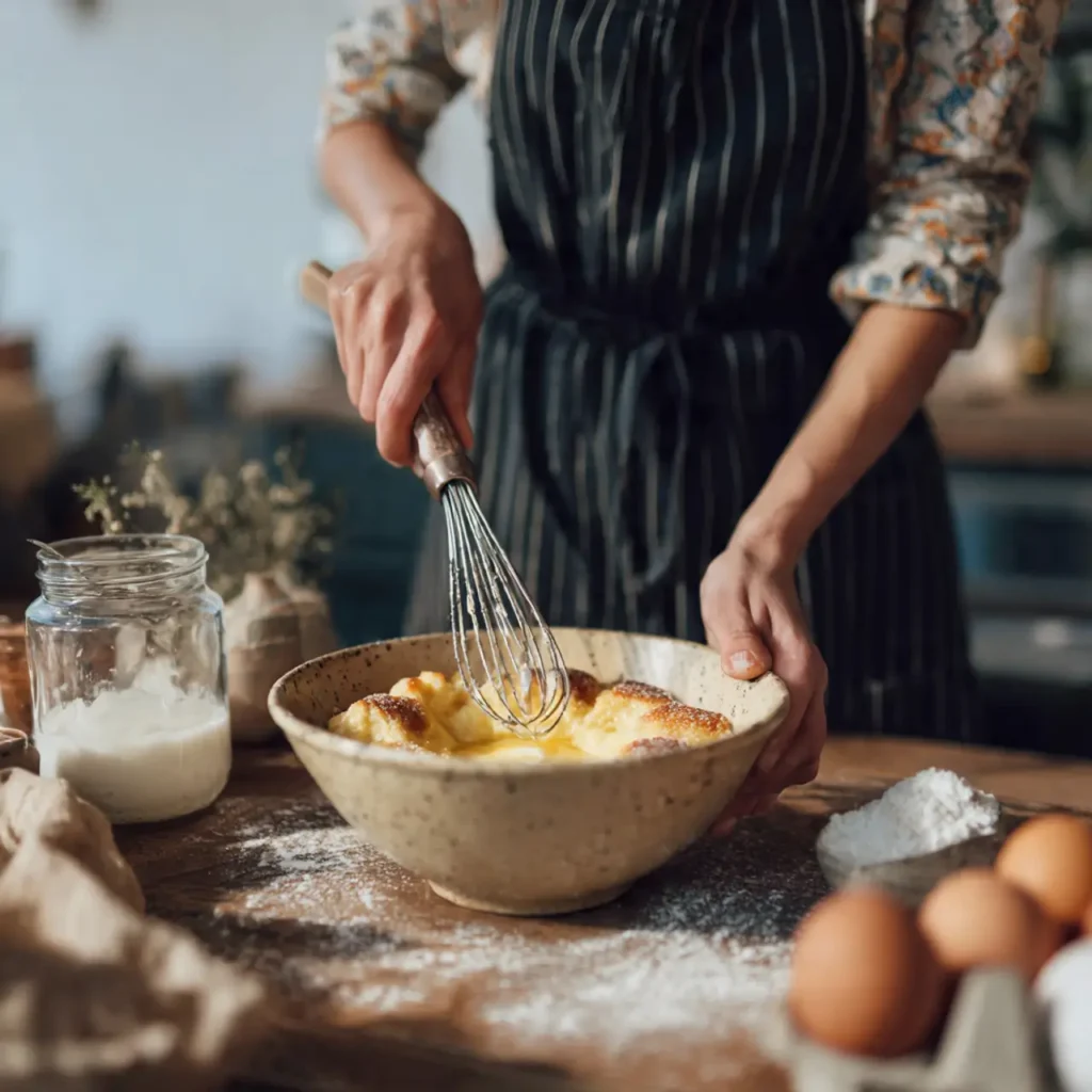 A person whisking a custard mixture in a rustic kitchen, surrounded by eggs, milk, and flour.