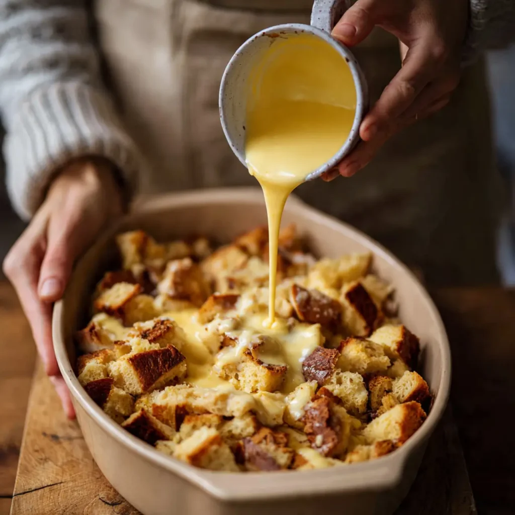 Hands pouring vanilla custard over cubed brioche bread in a baking dish.