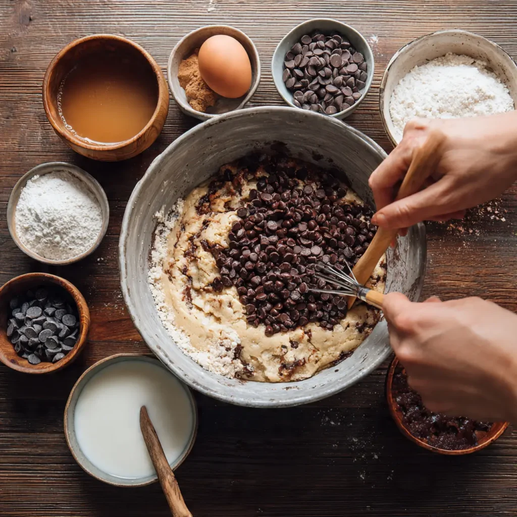 Hands whisking chocolate chips into a thick bread pudding batter surrounded by bowls of sugar, flour, milk, and chocolate.