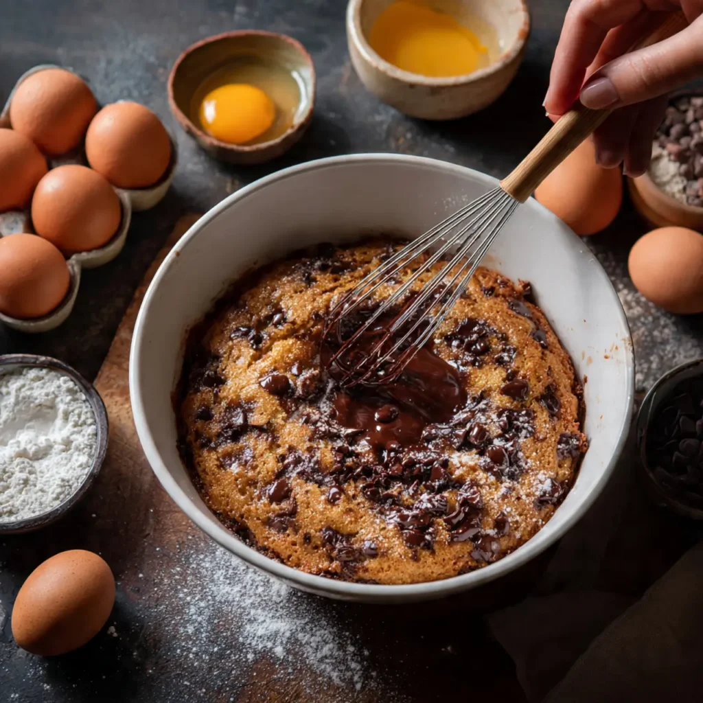 A hand whisking melted chocolate into a bread pudding mixture, surrounded by eggs, flour, and chocolate chips on a rustic table.