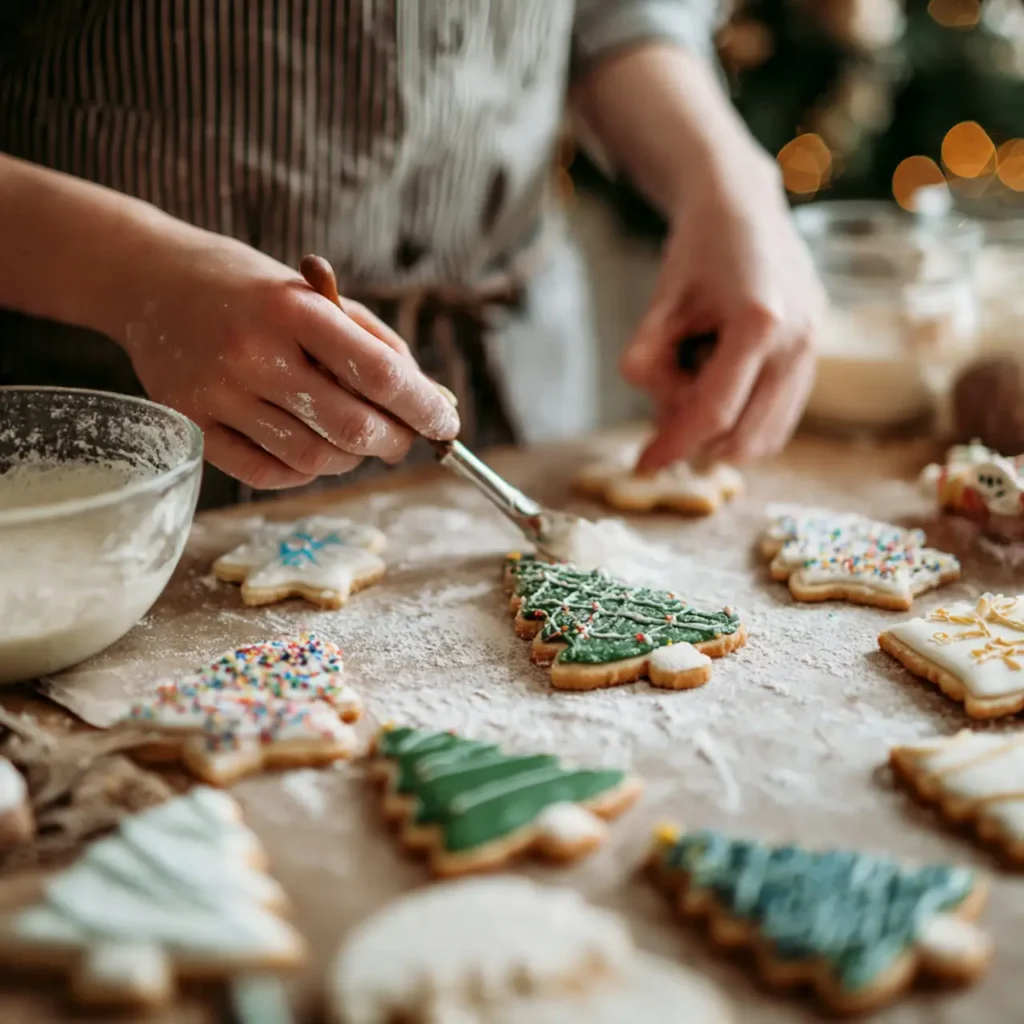 Hands decorating Christmas tree sugar cookies with green icing using a brush at a flour-dusted baking table.