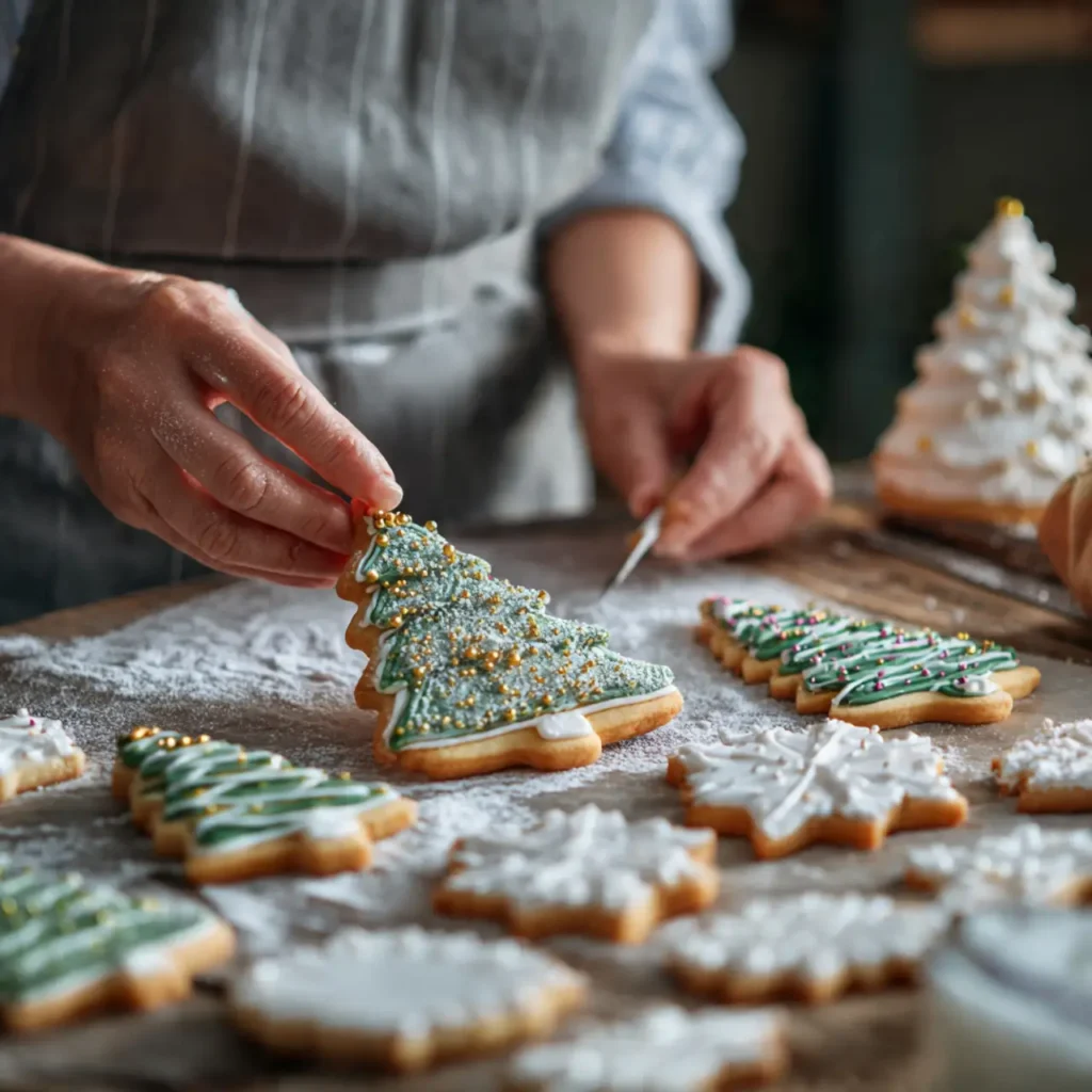 A baker placing gold sugar pearls onto a green Christmas tree sugar cookie on a floured wooden surface.