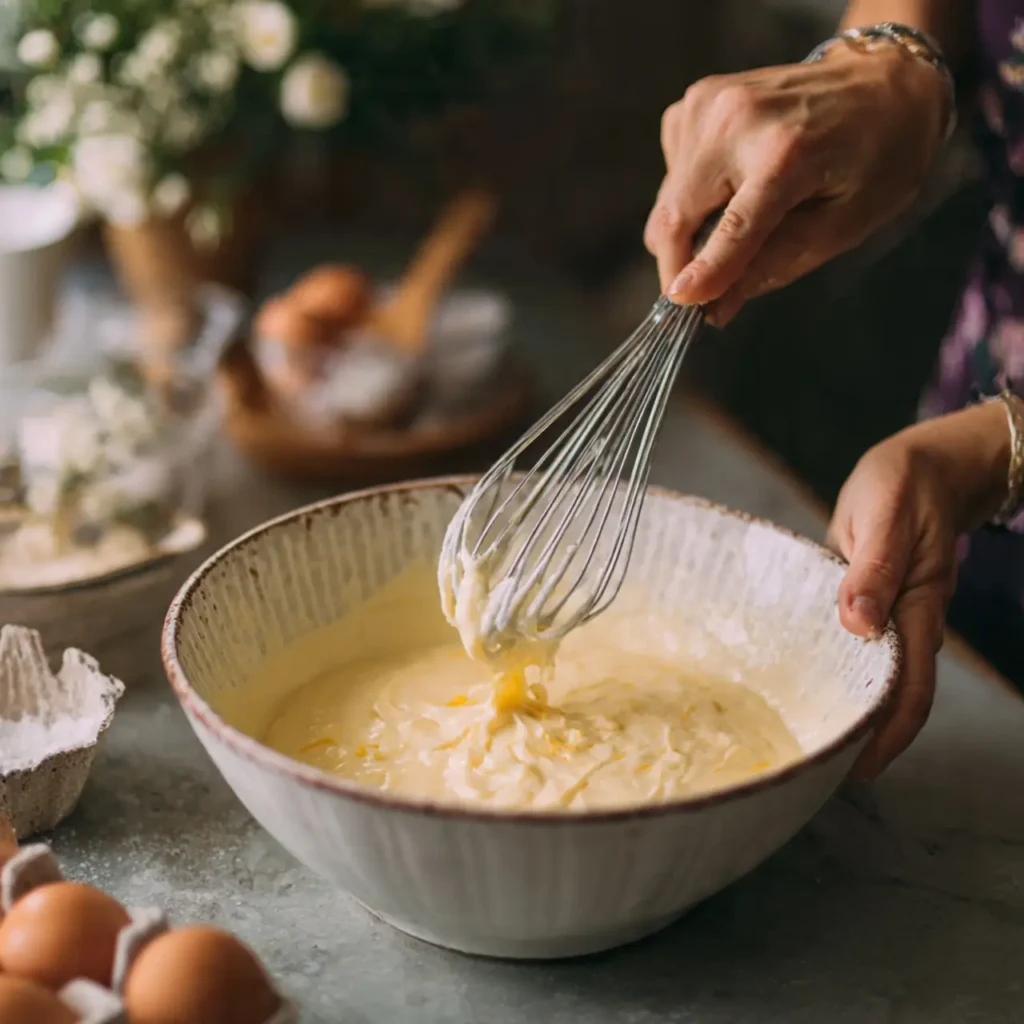 Hands whisking creamy, thick eggnog glaze in a large ceramic mixing bowl on a kitchen counter.