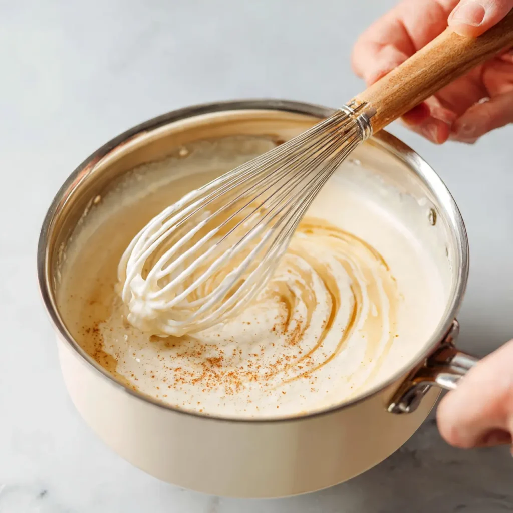 Whisk mixing warm eggnog butter glaze in a saucepan with cinnamon and nutmeg sprinkled on top.