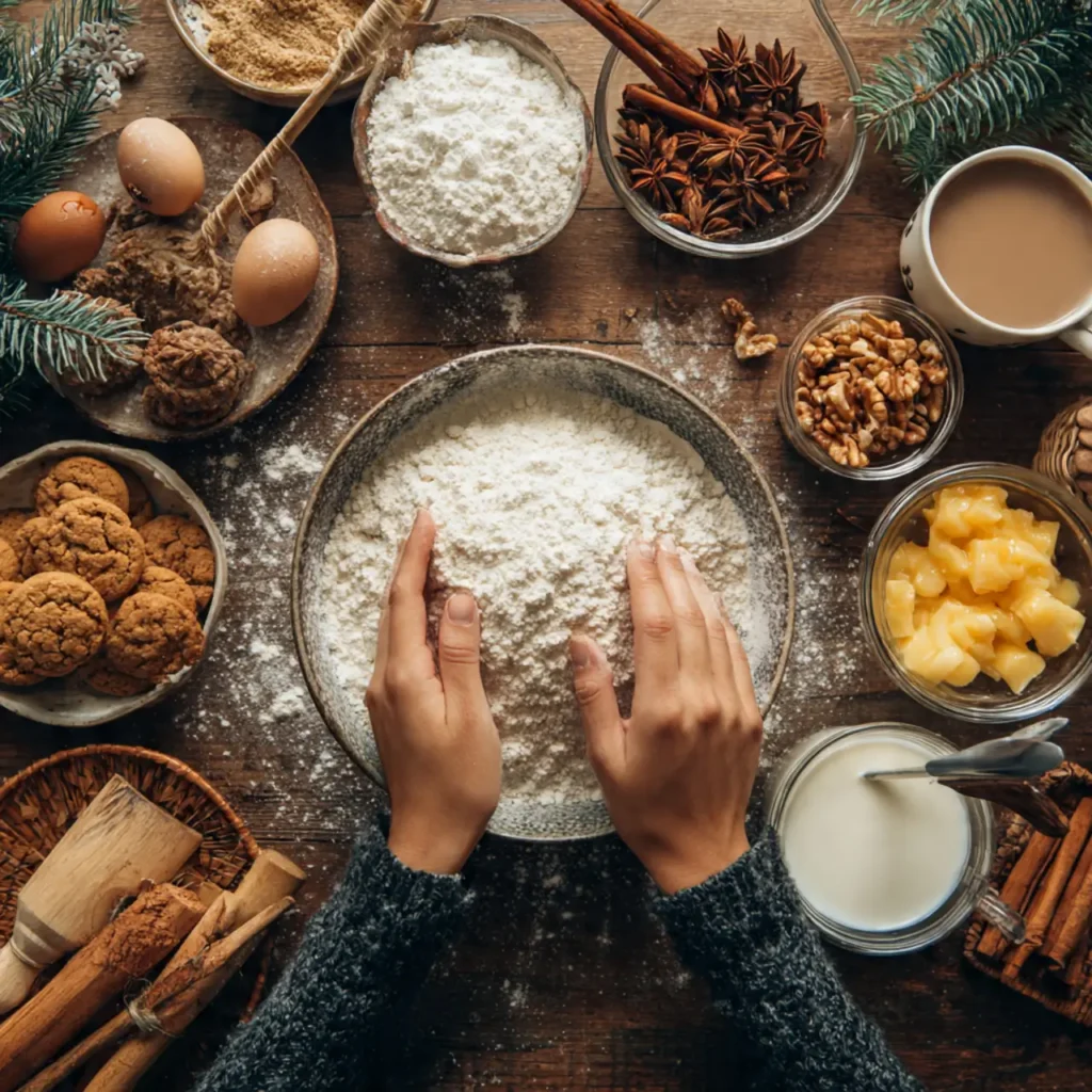 Hands mixing flour in a bowl surrounded by baking ingredients such as eggs, spices, walnuts, cookies, and pine branches on a rustic table.