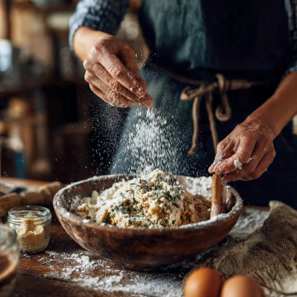 Baker dusting flour over holiday cookie dough in a wooden bowl while preparing festive winter cookies.