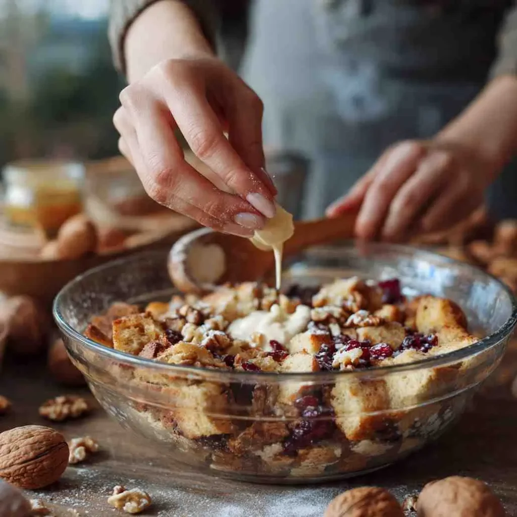 Close-up of hands sprinkling butter and pouring custard over a holiday bread pudding mixture with cranberries and walnuts.