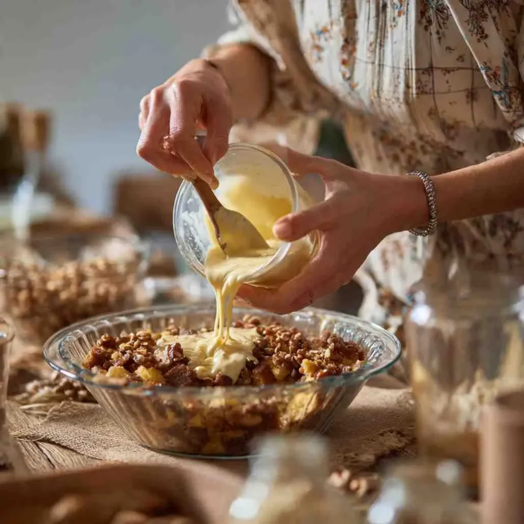 Custard being poured from a glass bowl over bread pudding ingredients in a round dish, surrounded by nuts and holiday baking elements.