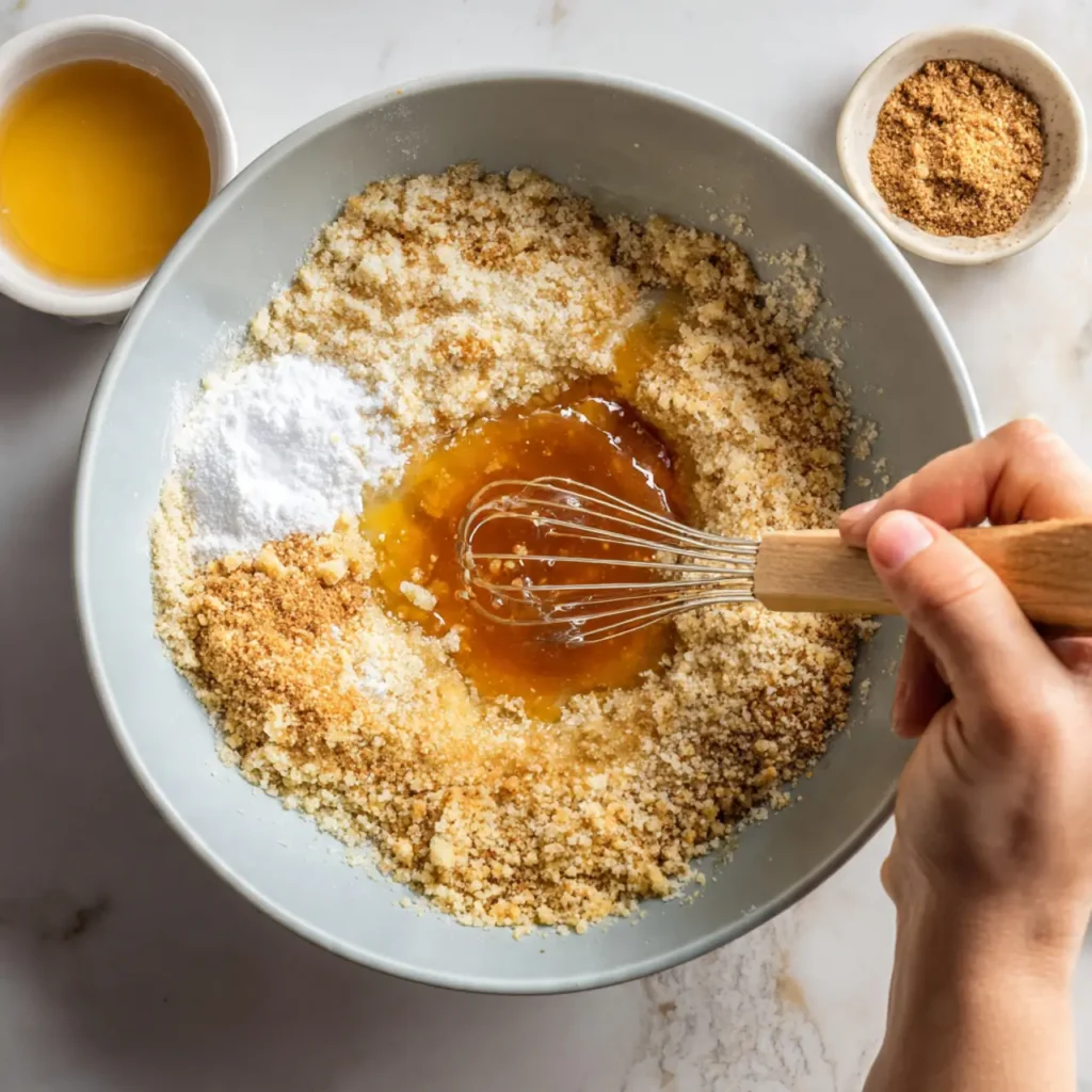 Hands whisking melted butter and brown sugar into dry ingredients to prepare a peach and brown sugar cake batter.
