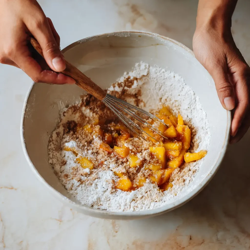 Hands whisking chopped peaches into cake batter with brown sugar and flour in a ceramic mixing bowl.