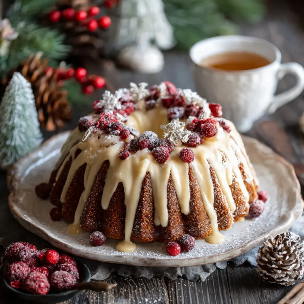 Finished winter bundt cake ideas topped with glaze, cranberries, and powdered sugar.