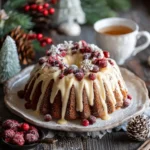 Finished winter bundt cake ideas topped with glaze, cranberries, and powdered sugar.