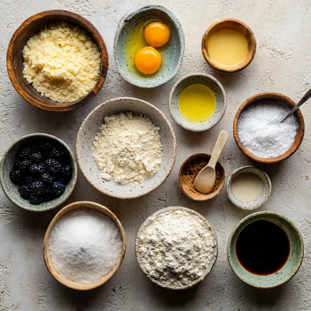 Ingredients for winter bundt cake ideas arranged neatly, including flour, eggs, sugar, spices, and baking staples.