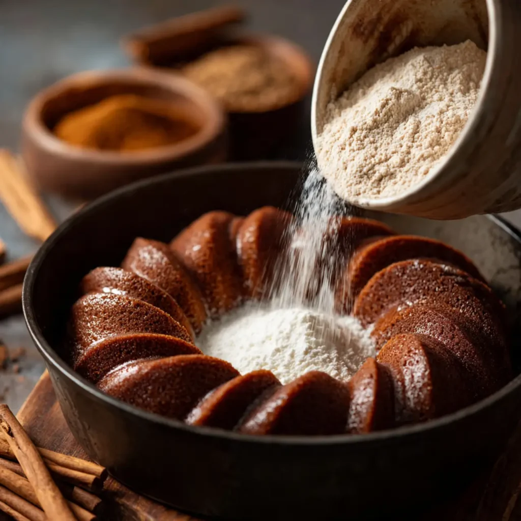 Flour being poured into a bundt cake pan while preparing winter bundt cake ideas.