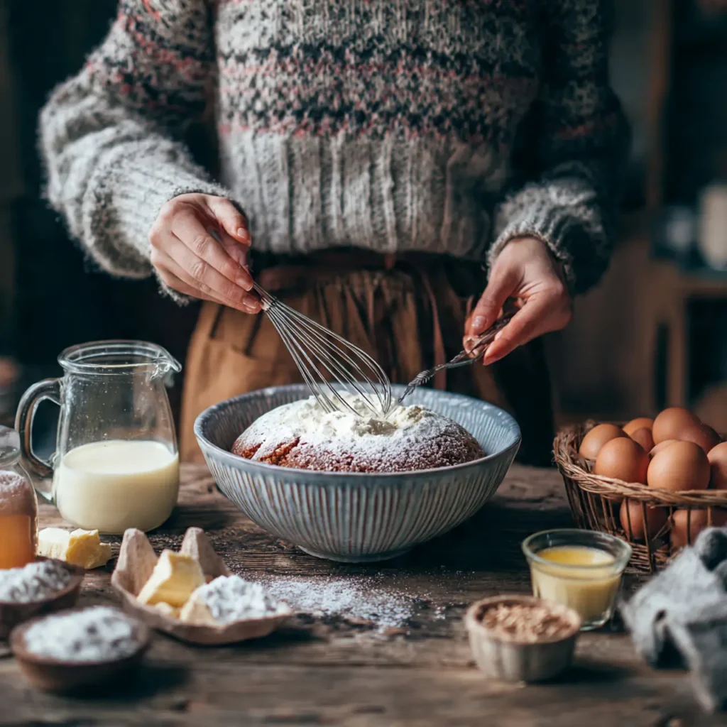 Hands whisking bundt cake batter as part of winter bundt cake ideas preparation.