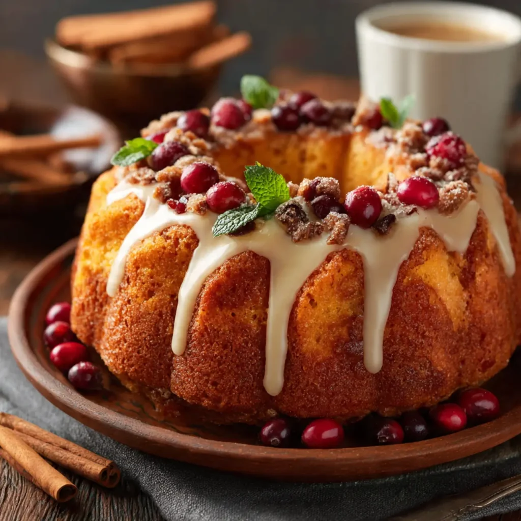Golden winter bundt cake topped with white glaze and fresh cranberries.