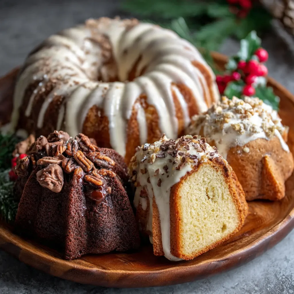 Assorted winter bundt cake ideas displayed on a platter with different glazes and toppings.