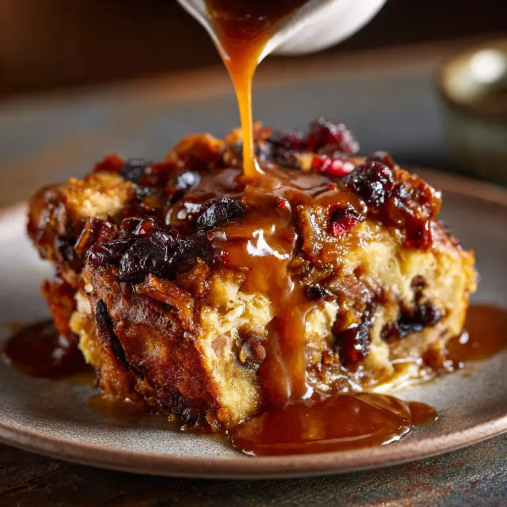 Baked bread pudding recipe topped with caramel-style sauce on a plate.