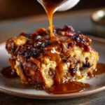 Baked bread pudding recipe topped with caramel-style sauce on a plate.