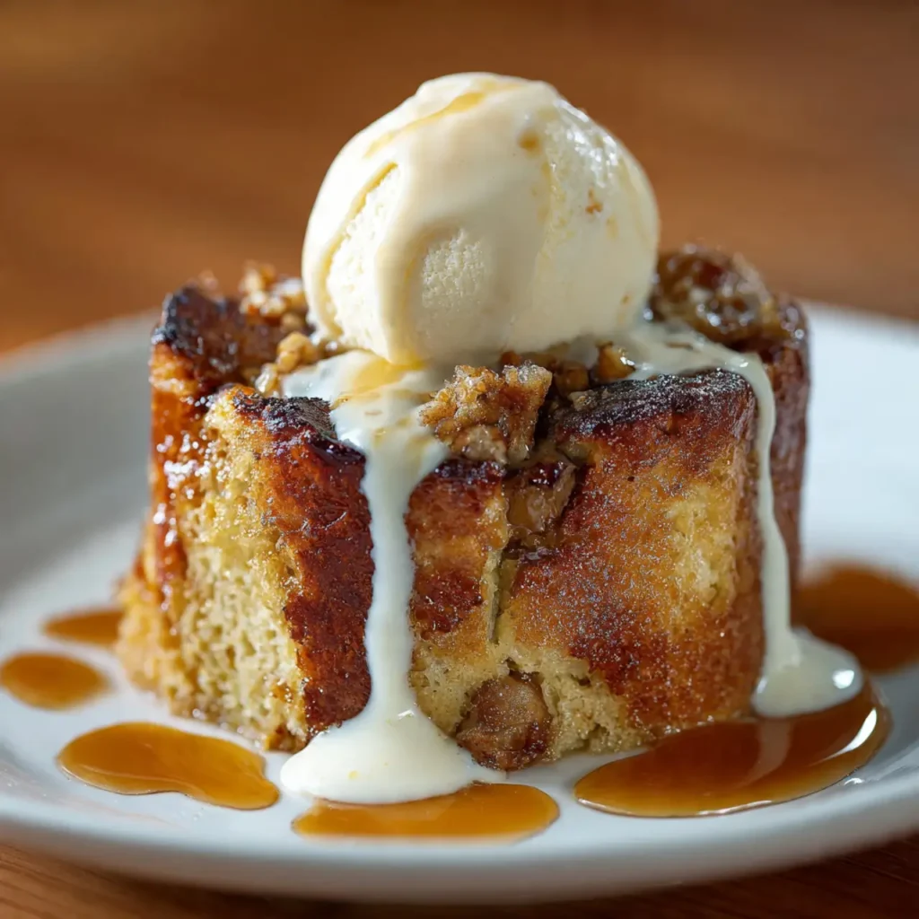 Warm bread pudding recipe served as a thick slice, topped with vanilla ice cream and drizzled with creamy sauce.