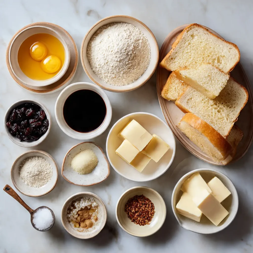 Ingredients for a bread pudding recipe arranged on a counter, including bread slices, eggs, butter, sugar, and spices.