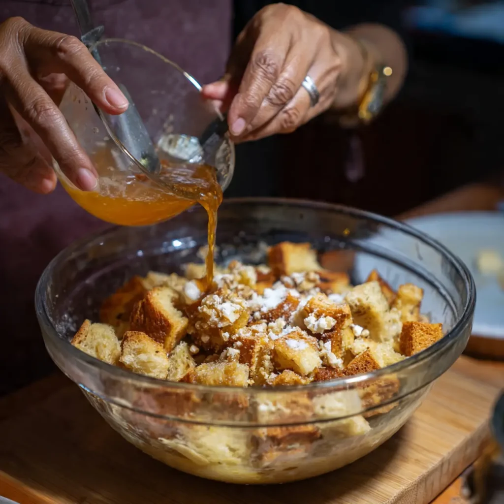 Liquid sweetener being poured over bread cubes while preparing a bread pudding recipe.