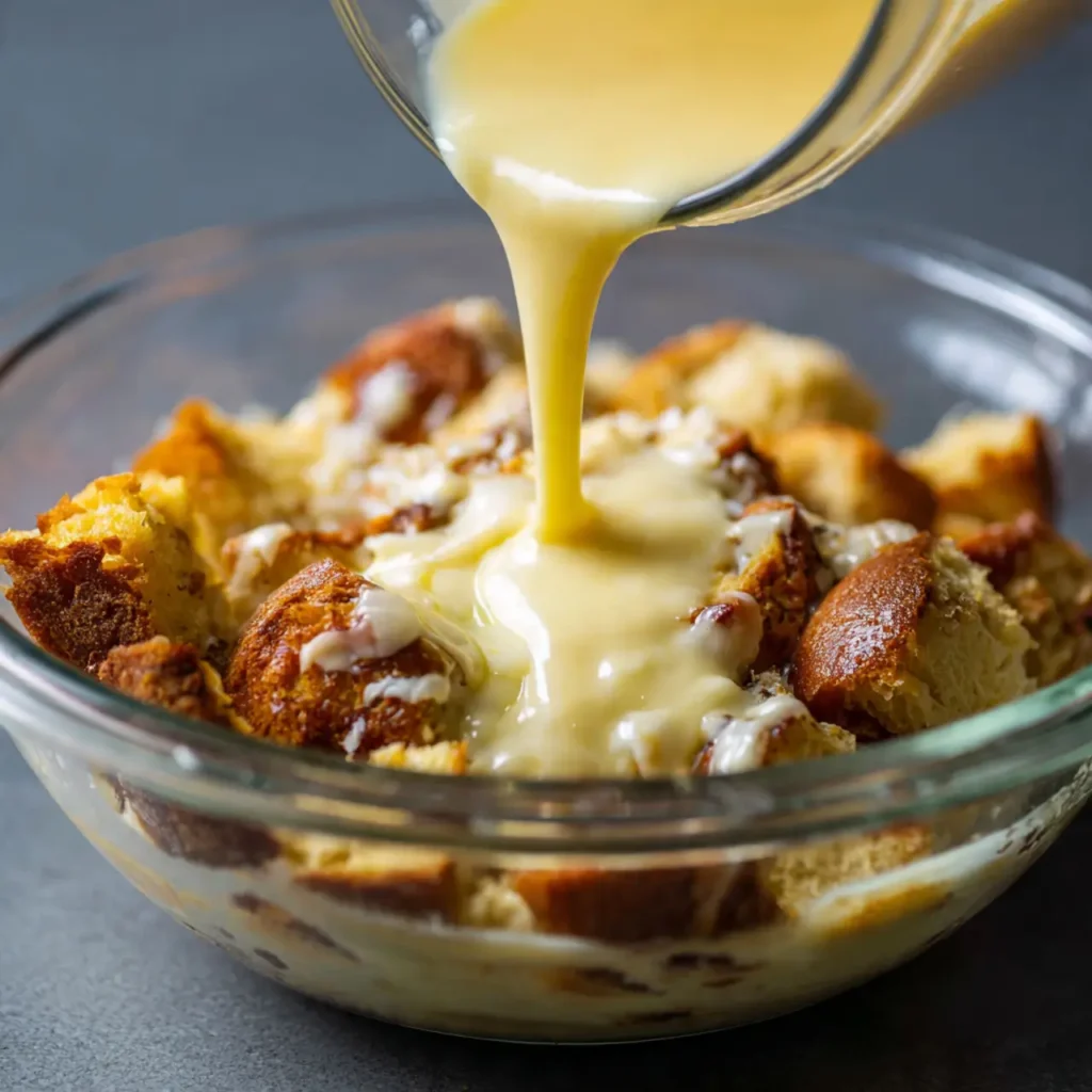 Creamy custard being poured over bread cubes in a bowl for a bread pudding recipe.