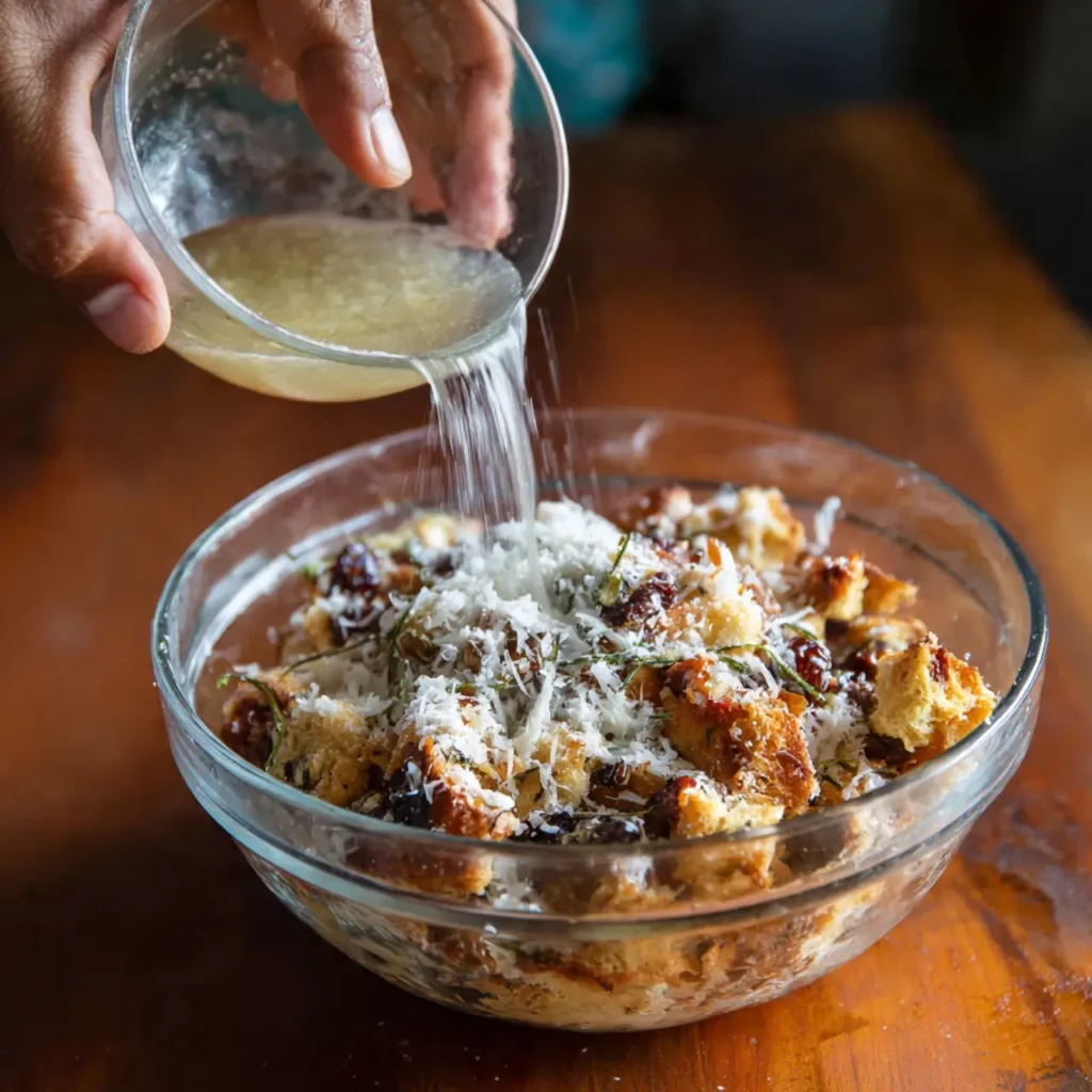 Sugar being sprinkled over bread pudding mixture during recipe preparation.